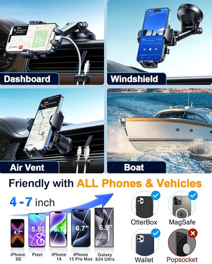 YRU True Military-Grade [360° Rotation Suction] 2026 Ultimate Car Phone Holder Mount 【90+LBS Safest Strongest & Patent Certs】 Dashboard Windshield Vent for iPhone 17 16 Pro Max Samsung, Pale Pink