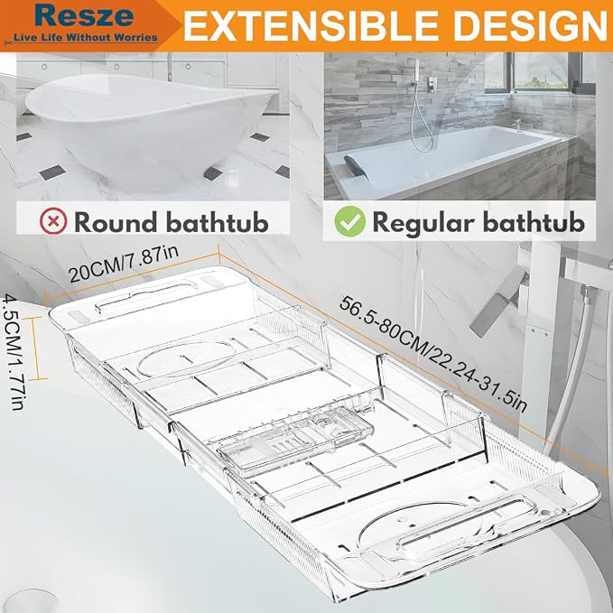 Resze Premium Clear Bathtub Caddy Tray, Expandable Plastic Bath Tray with BPA-Free, Waterproof Foldable Bathtub Shelf, Perfect for a New Home & Mother’s Day & a Birthday Gift for Mom