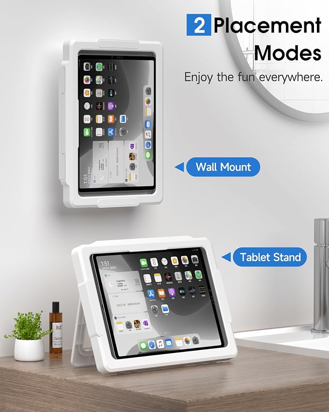 Mistriddle Shower iPad Holder Waterproof with 480° Rotation Retractable Adjustable, Wall Mount Up to 11", Shower Tablet Holder for Bathroom Bathtub, 2 Adhesive, Fit for iPad, iPad Pro 11 (White)