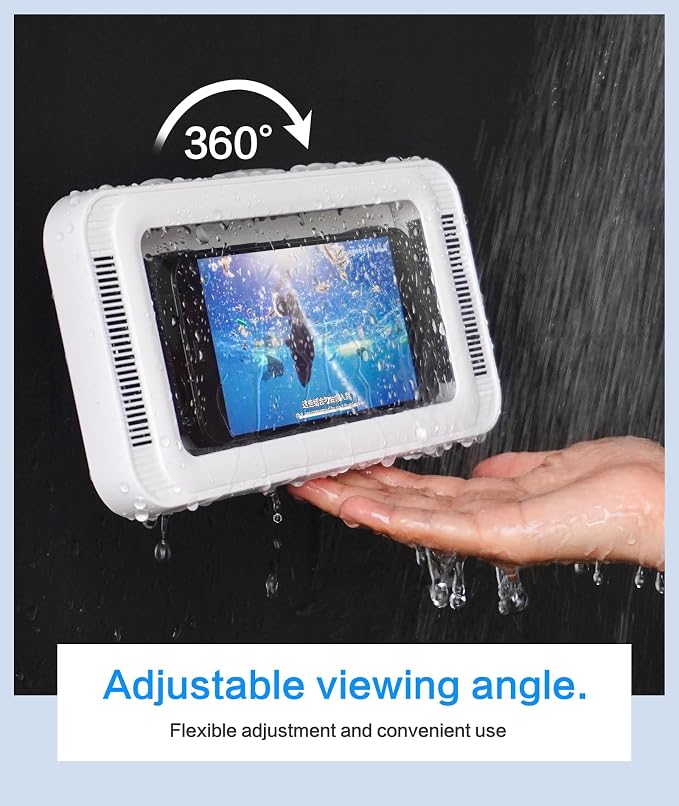 Waterproof Shower Phone Holder with 480° Rotation and Angle Adjustable, Enhanced Sound Quality, Fits Phones up to 7 Inches（White）