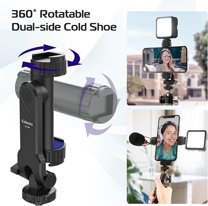 Cell Phone Tripod Mount, Universal Tripod Phone Mount with 2 Cold Shoes, 360° Rotates 180° Tilts Camera Hot Shoe Phone Mount Smartphone Tripod Holder Adapter for iPhone Samsung All Phone