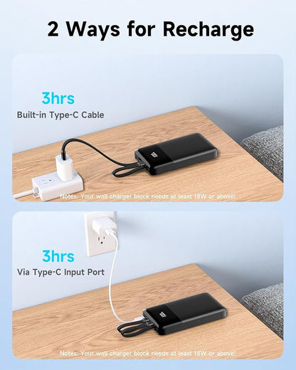 Portable Charger, 10000mAh Power Bank 22.5W PD, Built-in Cables for iPhone | Built-in Lightning & USB-C cables, 22.5W fast output, 18W input, charge 4 devices at once, compact design, 18-month warranty.