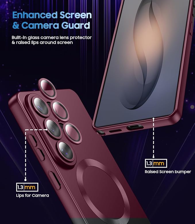 Magnetic for Samsung Galaxy S26 Ultra Case [Compatible with MagSafe][Built-in Camera Lens Protector] Slim Soft Silicone Bumper Shockproof Metallic Luster Phone Case, Burgundy