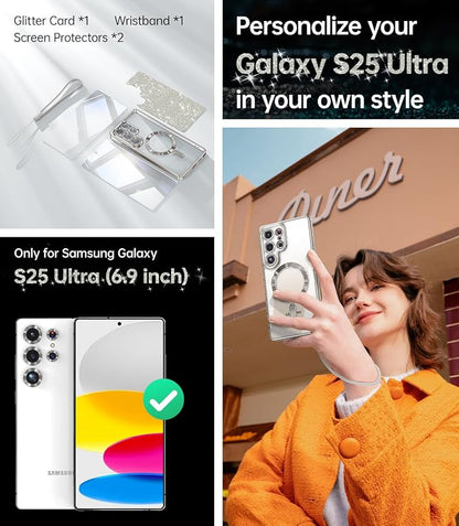 Meifigno Case Designed for Samsung Galaxy S25 Ultra 6.9 inch, [Compatible with MagSafe] [2X HD Screen Protectors] [Glitter Card & Wrist Strap] Full Lens Protection Case for Galaxy S25 Ultra, Silver | 6.9 inch
