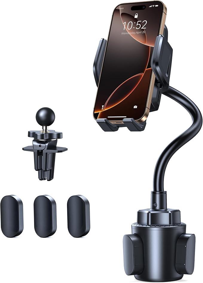 TECKNET Cup Phone Holder for Car - Adjustable Gooseneck Cup Holder Phone Holders with Air Vent Holders & Expandable Base, Cupholder Phones Mount for iPhone 17/16 Pro Max and All Cell Phones, Car Model