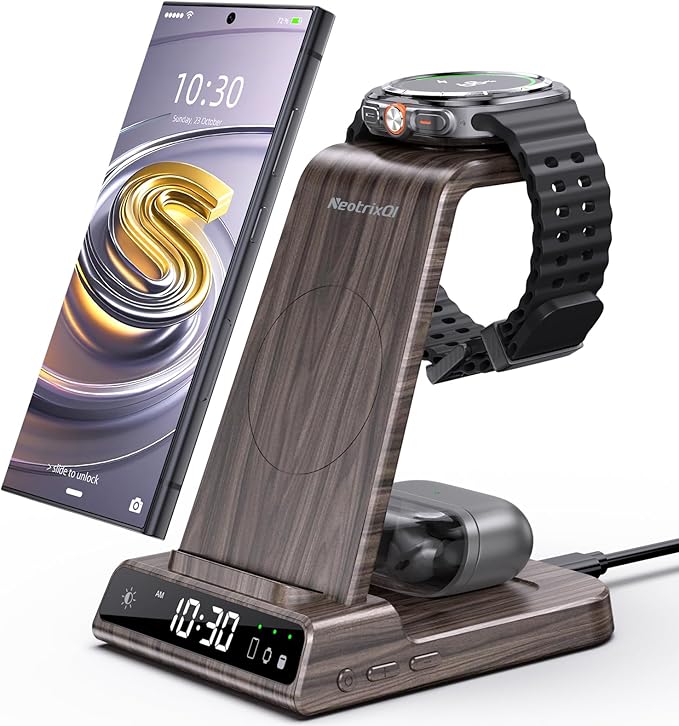 Wireless Charger Samsung Charging Station: 3 in 1 Android Charging Stand with Dimmable Clock - Nightstand Organizer for Galaxy S25 S24 Ultra, Galaxy Watch 8 7 6 5 4, Galaxy Buds, Space-Saving Charger