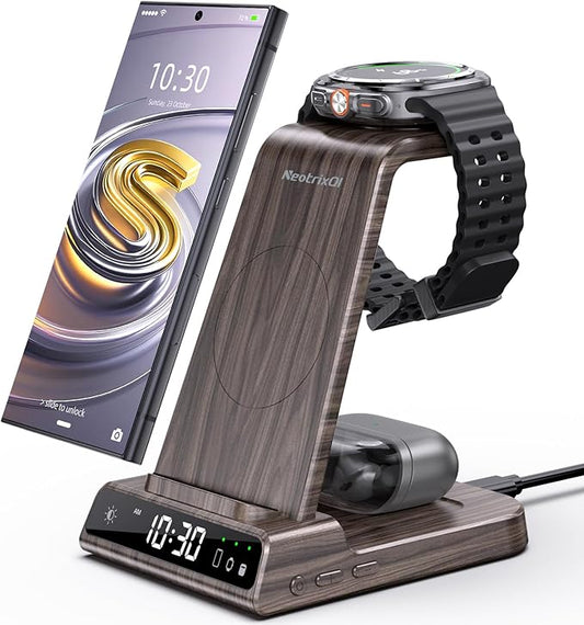 Wireless Charger Samsung Charging Station: 3 in 1 Android Charging Stand with Dimmable Clock - Nightstand Organizer for Galaxy S25 S24 Ultra, Galaxy Watch 8 7 6 5 4, Galaxy Buds, Space-Saving Charger