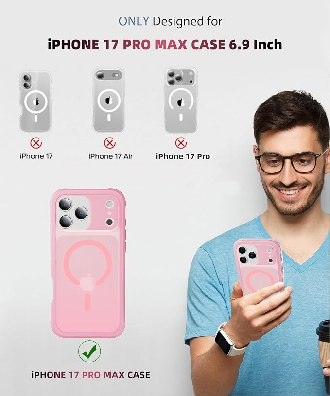 Compatible with iPhone 17 Pro Max Case Pink, Built-in Screen Protector, [Compatible with MagSafe] Full Body Rugged Phone Case, Shockproof Protective Magnetic Cover for 17 ProMax 6.9" (Pink)