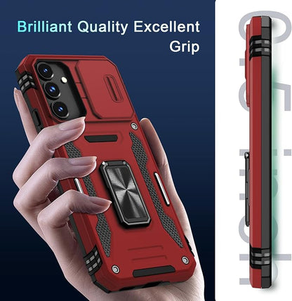 DEERLAMN Case for Samsung Galaxy S24 FE 6.7-Inch with Slide Camera Cover+Screen Protector(1 Pack), Rotated Ring Kickstand Military Grade Shockproof Protective Cover-Red