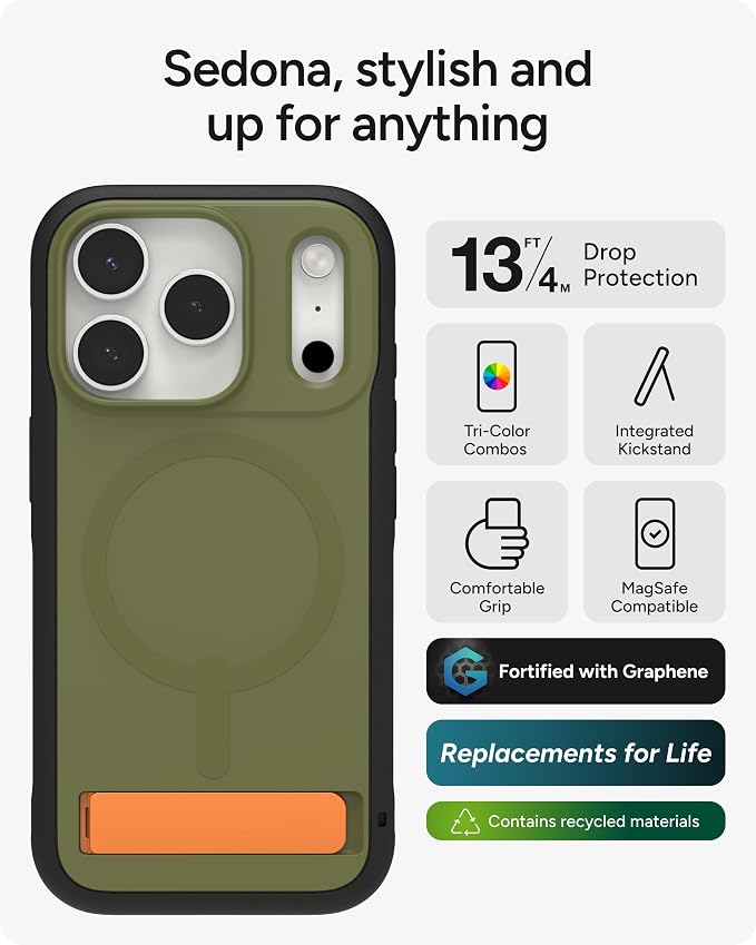 ZAGG Sedona Snap Case with Kickstand for iPhone 17 Pro - Green Sea Kelp, Drop Protection (13ft/4m), Multi-Layer Protection, with Camera Button, MagSafe Phone Case with Impact-Absorbing Bumpers