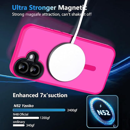 Strong Magnetic Case for iPhone 16 Case [5X-Grade Drop Tested & Compatible with MagSafe] Translucent Anti-Fingerprint Shockproof Protective Cover 6.1 Inch,Hot Pink