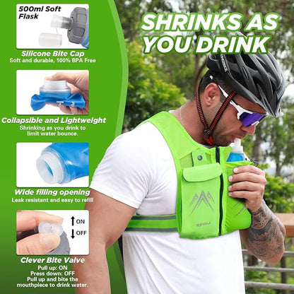 REVALI Running Vest, USA Original Patent, Zip Reflective Running Vests with 500ml Hydration Bottle, Adjustable Waistband & Breathable Material, Chest Pack Gear Phone Holder for Men & Women