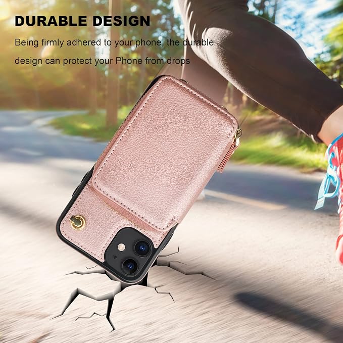 Bocasal Crossbody Wallet Case for iPhone 11, RFID Blocking Leather Purse Case with Card Holder, Protective Handbag Flip Cover with Zipper Wrist Strap Lanyard for Women 6.1 Inch (Rose Gold)