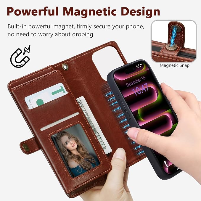 Wallet Case for iPhone 16 Pro with Card Holder/Crossbody Wallet/Strap| RFID Blocking | Magnetic | Kickstand | Detachable | PU Leather Phone Case for iPhone 16 Pro,6.3 in,Brown