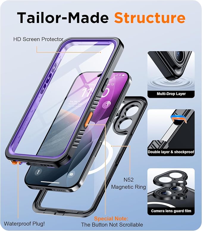 Temdan Magnetic for iPhone 16 Plus Case Waterproof,Built-in Screen Protector[IP68 Underwater][Upgrade Military Dropproof][Compatible with MagSafe] Full Body Shockproof Translucent Case 6.7''-Purple