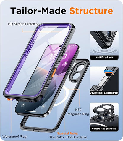 Temdan Magnetic for iPhone 16 Plus Case Waterproof,Built-in Screen Protector[IP68 Underwater][Upgrade Military Dropproof][Compatible with MagSafe] Full Body Shockproof Translucent Case 6.7''-Purple