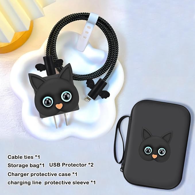 CameCosy DIY Phone Charger Case Storage Sets Cable Protector Earphone Wire Saver with Lovely Travel Cable Storage Bag, Cute Cable Charger Protector Cord Organizer for iPhone (Black Cat)