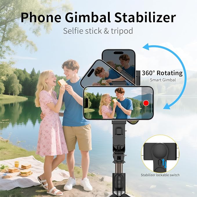 TOALLIN Selfie Stick with Light for Smartphone, Gimbal Stabilizer with Remote, Retractable and Foldable Phone Tripod for iPhone & Android, Video Recording, Streaming, Vlogging