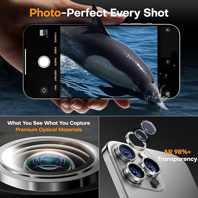 Camera Lens Protector for iPhone 17 Pro Max/17 Pro/16 Pro Max/16 Pro/15 Pro Max/15 Pro/14 Pro Max/14 Pro,Tempered Glass Metal Individual Camera Cover[Anti-drop] Case Friendly- Glitter Silver