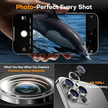 Camera Lens Protector for iPhone 17 Pro Max/17 Pro/16 Pro Max/16 Pro/15 Pro Max/15 Pro/14 Pro Max/14 Pro,Tempered Glass Metal Individual Camera Cover[Anti-drop] Case Friendly- Glitter Silver