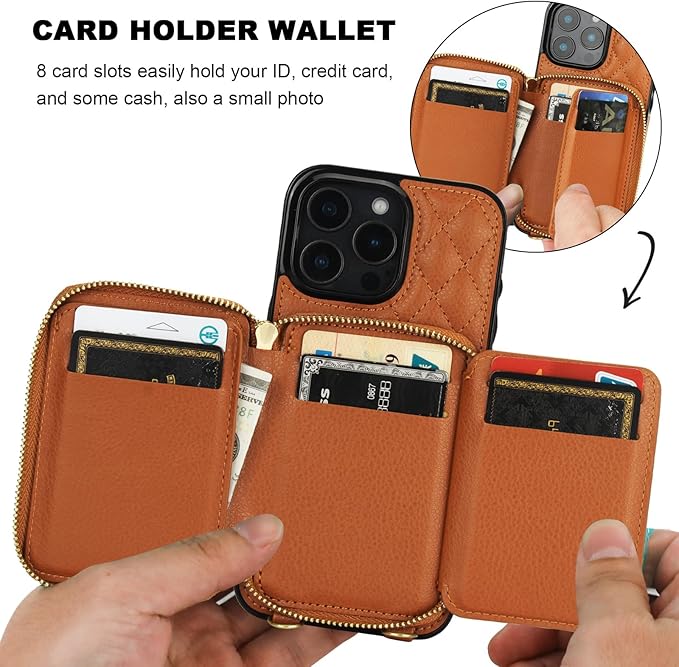 Bocasal Crossbody Wallet Case for iPhone 16 Pro Max, RFID Blocking PU Leather Zipper Handbag Purse Flip Cover, Kickstand Folio Case with Card Slots Holder Wrist Strap Lanyard 5G 6.9 Inch (Brown)