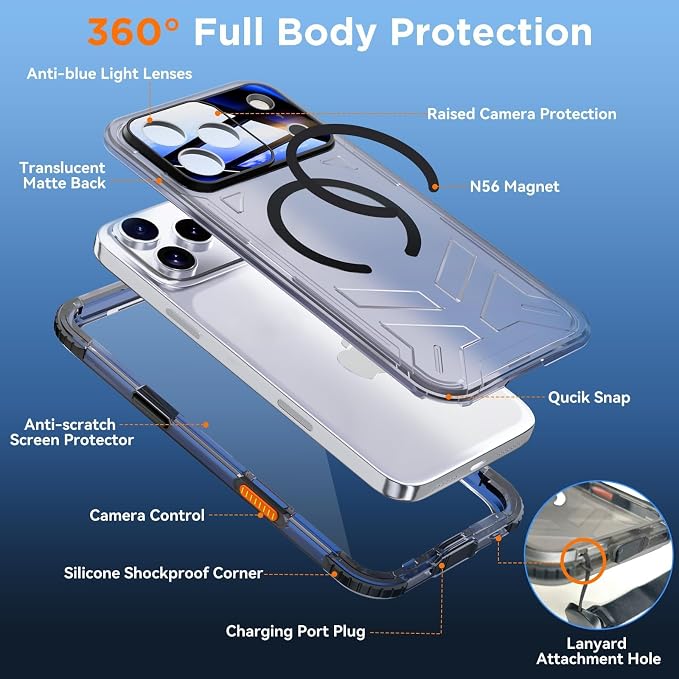 WIFORT for iPhone 17 Pro Max Waterproof Case, [Fit for Magsafe] with Sapphire Lens & Screen Protector, IP68 Full Body 15FT Military Shockproof, Magnetic Frosted Phone Cover with Lanyard, 6.9" Black