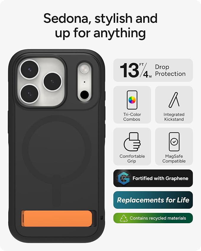 ZAGG Sedona Snap Case with Kickstand for iPhone 17 Pro - Flood Black, Drop Protection (13ft/4m), Multi-Layer Protection, with Camera Button, MagSafe Phone Case with Impact-Absorbing Bumpers