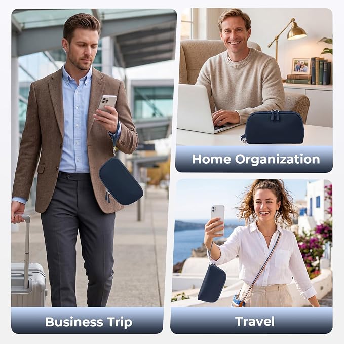 FYY Travel Cable Organizer - 8 Compartments, Lightweight, Water Repellent | With Wrist Strap, Portable Tech Pouch for Cord Charger, Travel and Business Trips Use, Soft Shell Nylon, Navy (Large)