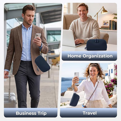 FYY Travel Cable Organizer - 8 Compartments, Lightweight, Water Repellent | With Wrist Strap, Portable Tech Pouch for Cord Charger, Travel and Business Trips Use, Soft Shell Nylon, Navy (Large)