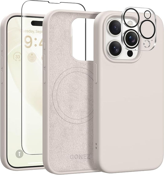 GONEZ for iPhone 15 Pro Max Case Silicone, Compatible with Magsafe, Camera Protector + Screen Protector, Soft Anti-Scratch Microfiber Lining, Liquid Silicone Shockproof Phone Cover, Stone