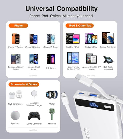 Power Bank with 2 Built-in Cables 10000mAh, 22.5W PD Slim Portable Charger USB C Battery Pack, Travel Essentials Fast Charging Powerbank Compatible with iPhone 17 16 Plus Pro Galaxy iPad White(1 Pack)