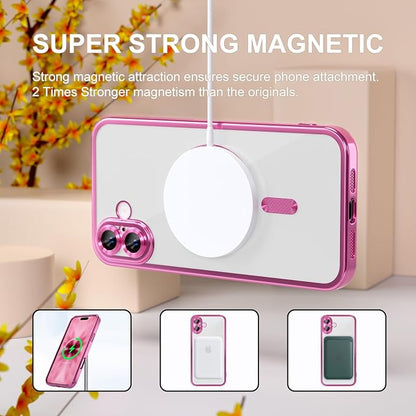 Misea Magnetic for iPhone 17 Case Compatible with MagSafe [Never Yellowing] [Military Grade Drop Protection] Full Camera Lens Protector Plating Soft Clear Phone Case for Women, Hot Pink