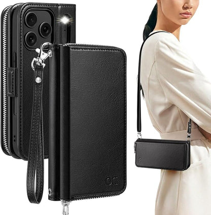 OCASE for iPhone 17 Pro Max Crossbody Wallet Case - Stylish PU Leather Handbag Phone Purse with Zipper Closure, Card Slots & RFID Blocking - Wrist Strap, Lanyard, Kickstand -, Black