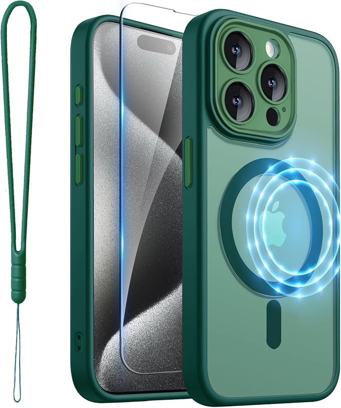 ROYBENS for iPhone 15 Pro-Max Matte Clear Case Compatible with Magsafe, Full Camera Lens Protection, Screen Protector, Wrist Strap, Translucent Magnetic Slim Hard Protective Phone Cover, Green