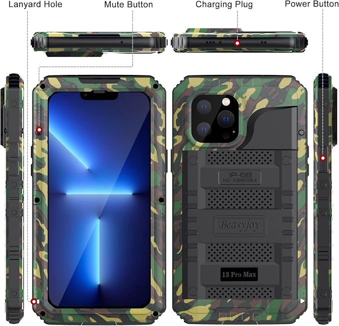 Beasyjoy for iPhone 13 Pro Max Case Waterproof, Metal Military Grade Case with Built in Screen Protector, Heavy Duty Full Body Protective Defender Rugged Underwater Phone Case 6.7'' (Camo)