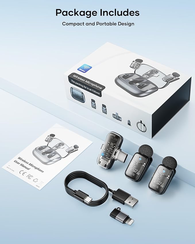 Mini 2 Wireless Lavalier Microphones for iPhone 15/16/17 & Android, 3-Level Noise Reduction, Plug & Play, 36H Battery with Charging Case, Wireless Lapel Mic for Video Recording, Vlogging