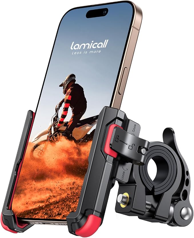 Lamicall Motorcycle Bike Phone Mount - [No Block Camera] [1s Lock] Bike Cell Phone Holder Clamp, Bicycle Scooter Handlebar Clip, for iPhone 16 15 14 Pro Max, Galaxy Ultra, 4.7-7" Phones, Red