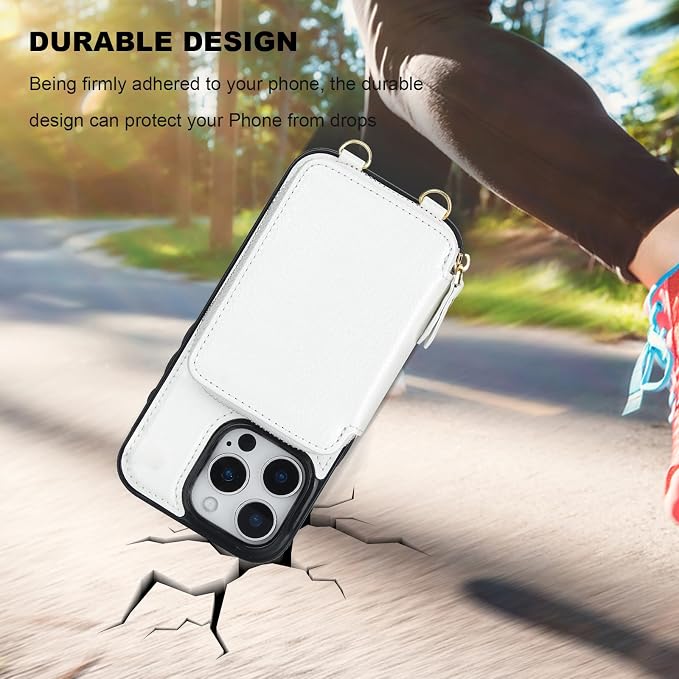 Bocasal RFID Blocking Wallet Case for iPhone 16 Pro, Adjustable Crossbody Zipper Purse Case Card Holder with Kickstand Detachable Wrist Strap, PU Leather Flip Folio Case 6.3 Inch 5G (White)