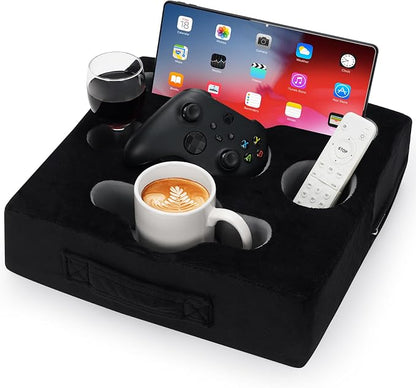 STBoo Couch Cup Holder Pillow Tray - Sofa Drink Cup Holder Cozy Buddy | Bed Caddy Organizer for Remote, Snacks Beverage, Phones, Tablet | Use it on Car, Pack, Beach, RV, Boat, Bedroom (Black)