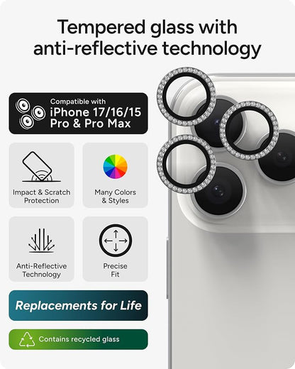 ZAGG iPhone Camera Lens Protector for iPhone 17/16/15 Pro and Pro Max Models - Diamond, Camera Ring, Maximum Impact & Scratch Protection, Anti-Reflective Technology, Smudge-Resistant, Glass Elite