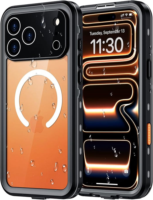 Red2Fire for iPhone 17 Pro Max Case Waterproof, [Built-in Screen Protector & Camera Protector][Compatible with MagSafe][Full Body Shockproof][IP68 Waterproof][Dustproof] Phone Case 6.9" Black/Clear