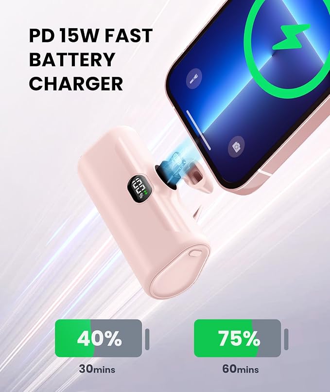 Pink Small Portable Charger for Lightning Builtin Metal Stand Lightweight Power Bank 5000mah With Digital Display Mini External Battery Pack for iPhone 14/13/13pro/13pro max/12/11/XR/6/6s/iPad/SE