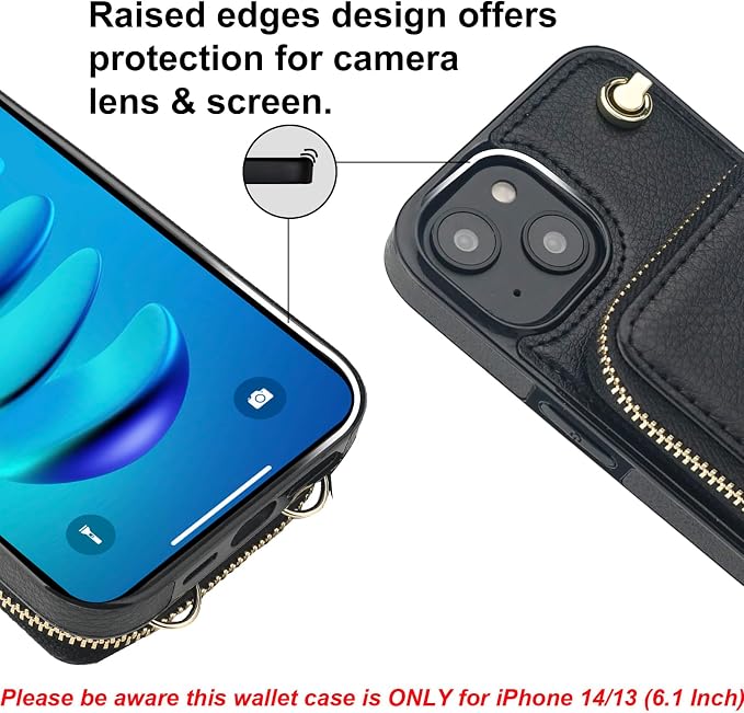 Bocasal for MagSafe Crossbody Wallet Case Compatible with iPhone 14 iPhone 13, RFID Blocking Protective Purse Case with Card Slots Holder Kickstand Wrist Strap Lanyard Zipper 6.1 Inch 5G (Black)