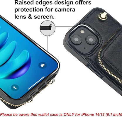 Bocasal for MagSafe Crossbody Wallet Case Compatible with iPhone 14 iPhone 13, RFID Blocking Protective Purse Case with Card Slots Holder Kickstand Wrist Strap Lanyard Zipper 6.1 Inch 5G (Black)