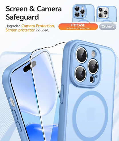 FNTCASE for iPhone 14 Pro Case: [Compatible with Magsafe] Translucent Matte Cases with [Full Camera Protection] [Screen Protector] Military Grade Shockproof Protective Phone Cover - Light Blue