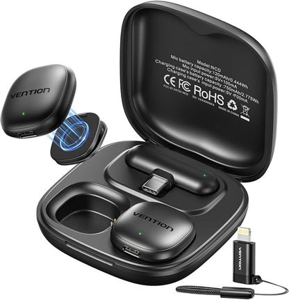 VENTION Mini Wireless Microphone for iPhone 17/16/15 Pro Max, USB C Bluetooth Microphone for Android/Camera, Ai Noise Cancelling Lavalier Mic with 24H Charging Case for Video Recording Vlogging