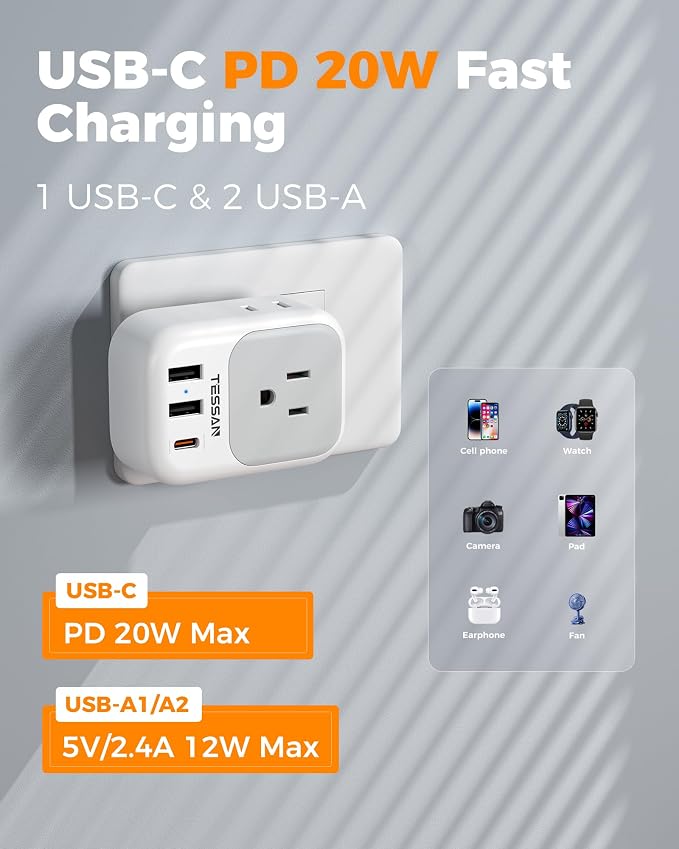 TESSAN Italy Travel Plug Adapter, Type L Plug 2 Pack | 4 Outlets, 3 USB Charger (1 USB C PD 20W), US to Chile Libya Syria Tunisia Uruguay
