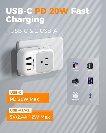TESSAN Italy Travel Plug Adapter, Type L Plug 2 Pack | 4 Outlets, 3 USB Charger (1 USB C PD 20W), US to Chile Libya Syria Tunisia Uruguay
