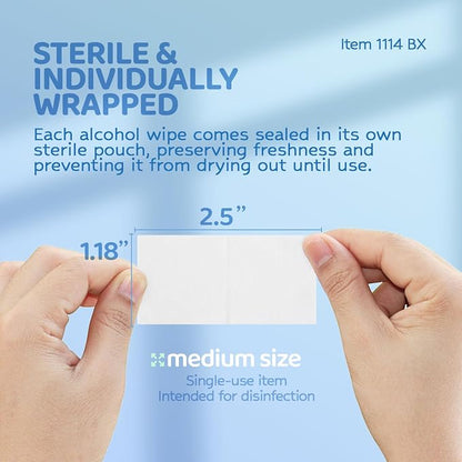 Dynarex DynaSafety Sterile Alcohol Prep Pads - Medium - 70% Isopropyl Alcohol, Individually Wrapped, Soft Cleaning Wipes - 100 per Box
