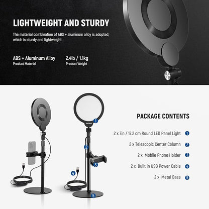 NEEWER Basics 2 Pack 7" Desktop Ring Lights for Video Recording, 10W Dimmable Full Screen Key Lighting with Desk Stands & Phone Holders for iPhone Computer Laptop Vlog Streaming Video Conference, R06